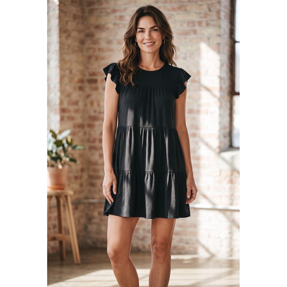 Perfect Peach Black Tiered Babydoll Mini Dress Ruffle Cap Sleeve Pockets Large